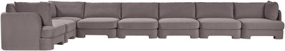 Meridian Furniture Hammond velvet upholstered 8-piece L-shaped sectional sofa with plush cushions and modern design.