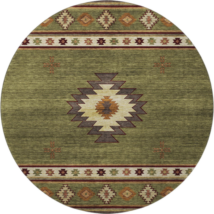 8' Southwest Geometric Washable Round Rug With UV Protection - Green