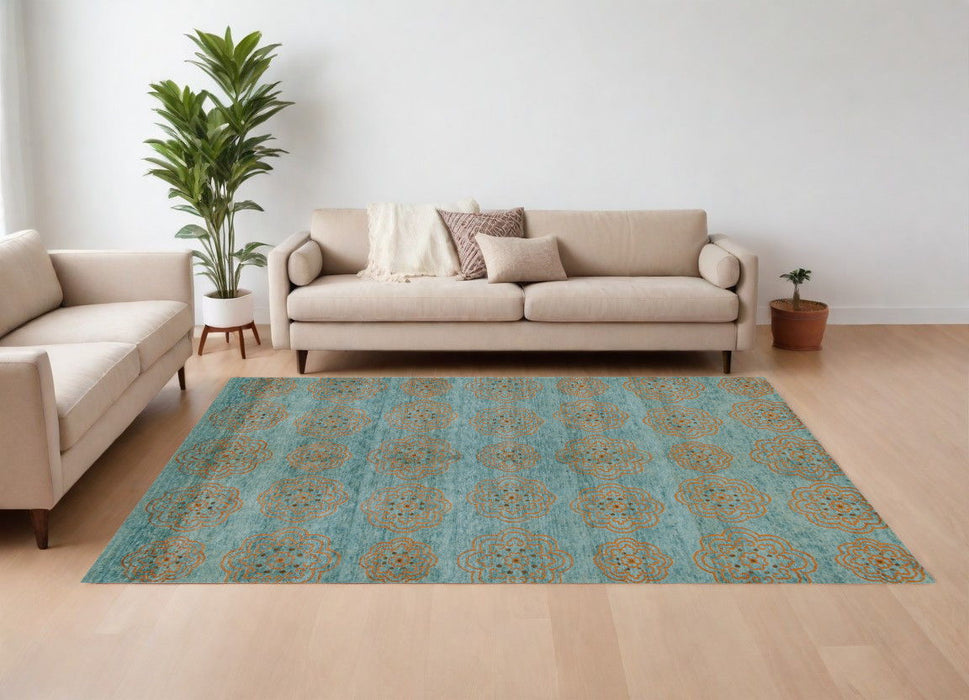6' x 9' Floral Hand Knotted Worn Faded Area Rug - Green Blue And Taupe