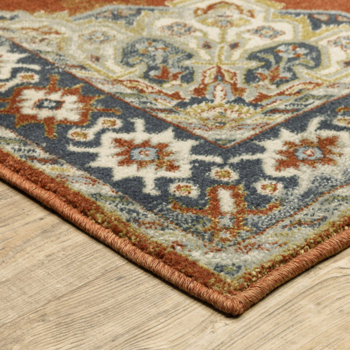 8' x 10' Oriental Power Loom Stain Resistant Area Rug - Rust Beige Teal Blue And Gold