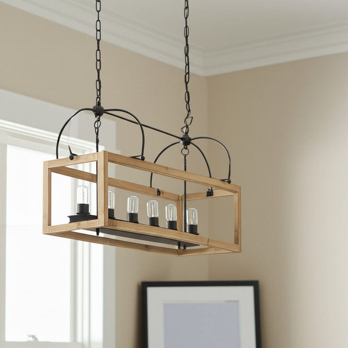 Candle Style Six Light Wood And Metal Dimmable Chandelier - Natural / Black