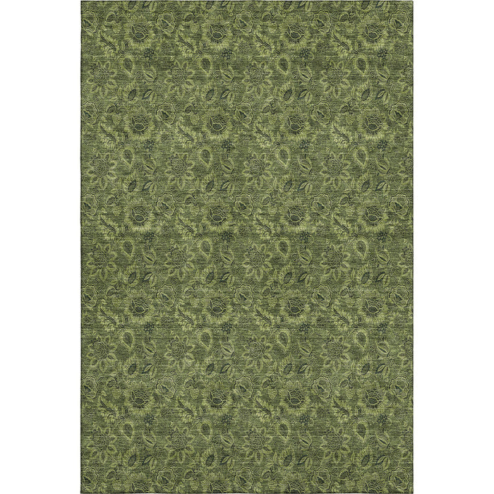 8' X 10' Floral Washable Area Rug With UV Protection (655076) - Olive Green / Charcoal