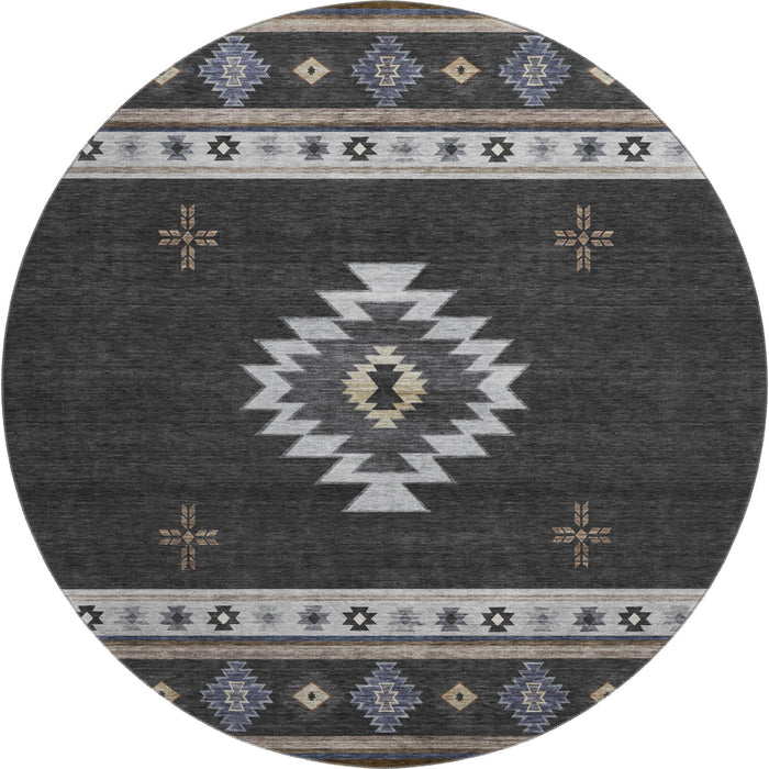 8' Geometric Washable Round Rug With UV Protection (645687) - Midnight / Ivory / Beige