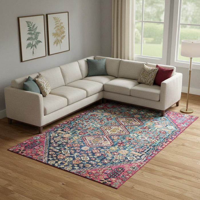 10' X 14' Geometric Washable Area Rug With UV Protection (705191) - Teal / Merlot / Ivory