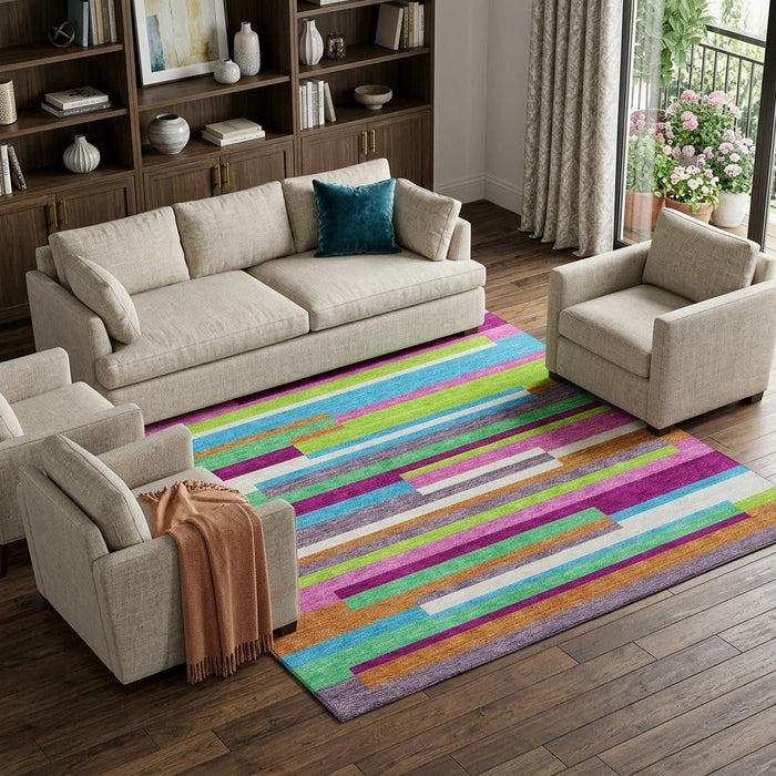 10' X 14' Striped Washable Area Rug With UV Protection (675792) - Lavender / Orange / Lime Green