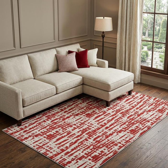 10' X 14' Abstract Geometric Washable Area Rug With UV Protection (683003) - Red / Beige / Ivory