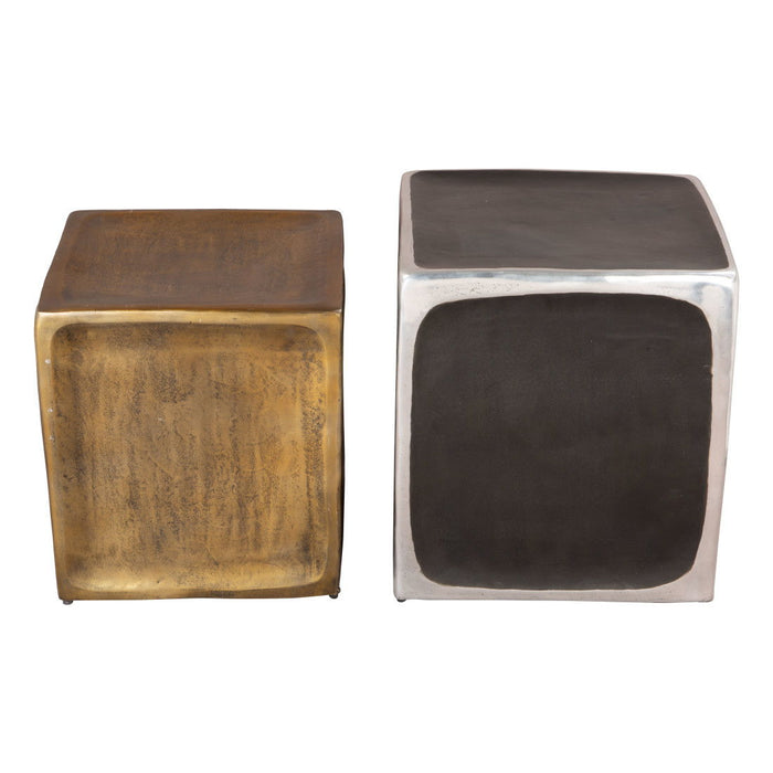 Set of two antiqued brass aluminum square end tables with a vintage finish, perfect for modern living room decor.