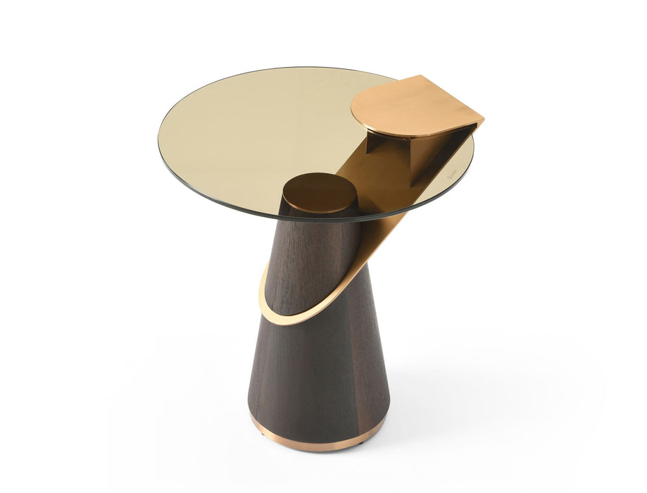 Glass and stainless steel round pedestal end table with solid wood accents in clear, rose, and gold finishes.