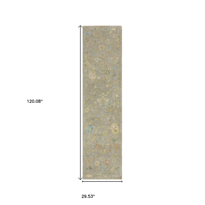 10' Wool Oriental Hand Knotted Runner Rug With Fringe - Gray