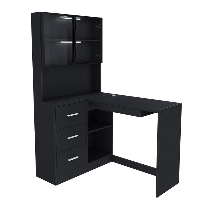 Giga L-shaped computer desk with glass cabinets, built-in LED lights, and USB charging ports in a modern corner desk design.