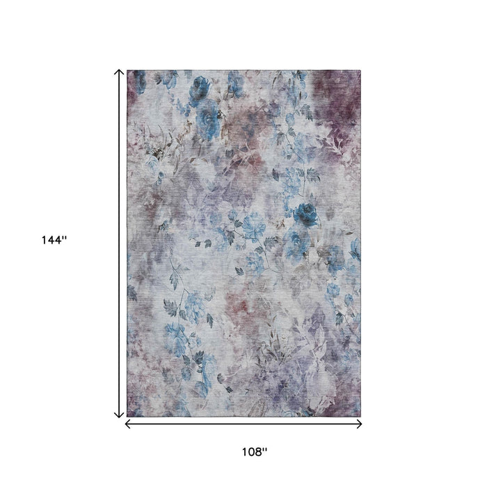 9' X 12' Floral Washable Area Rug With UV Protection (657700) - Blue / Blush / Ivory