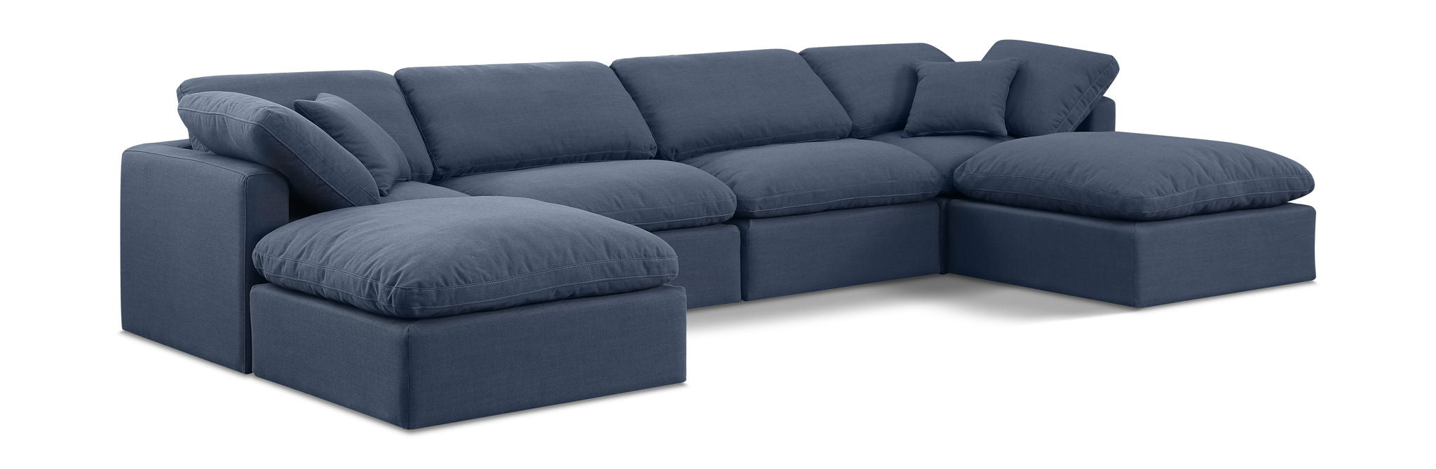 Linen Meridian Furniture Indulge 6-piece modular double chaise sectional stationary sectional sofa with plush cushions.