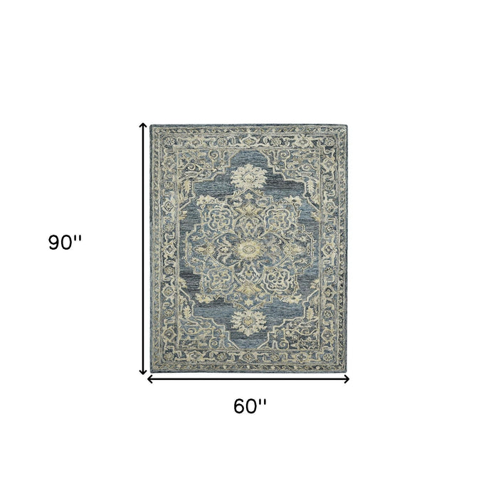 5' X 7' Wool Oriental Hand Tufted Area Rug - Denim Blue And Ivory
