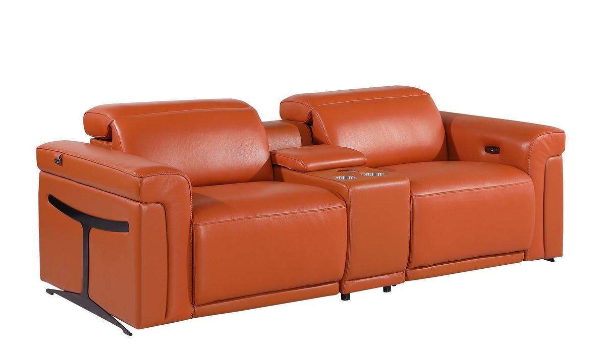 Italian Leather Power Reclining Loveseat With Storage (720527) - Orange / Black