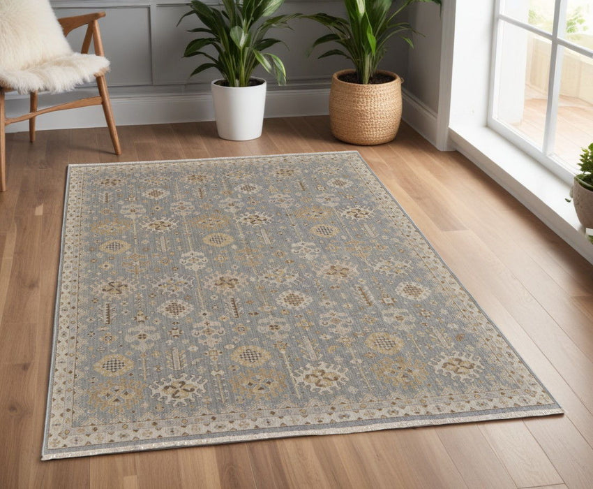 4' x 6' Wool Oriental Hand Knotted Area Rug With Fringe - Gray And Ivory
