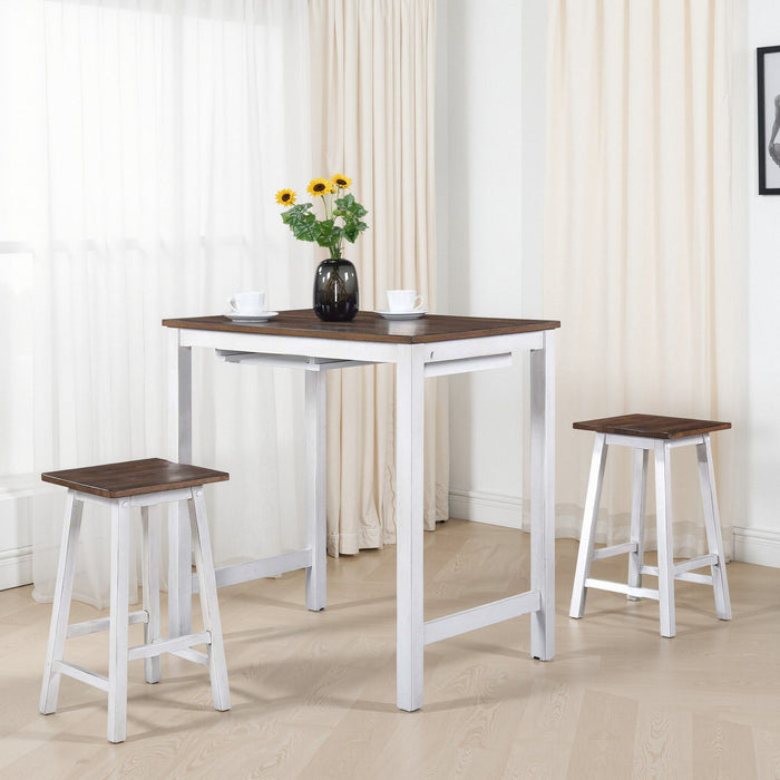 Giga 3-piece counter height dining set with table and two stools, modern wood finish for kitchen or dining room.