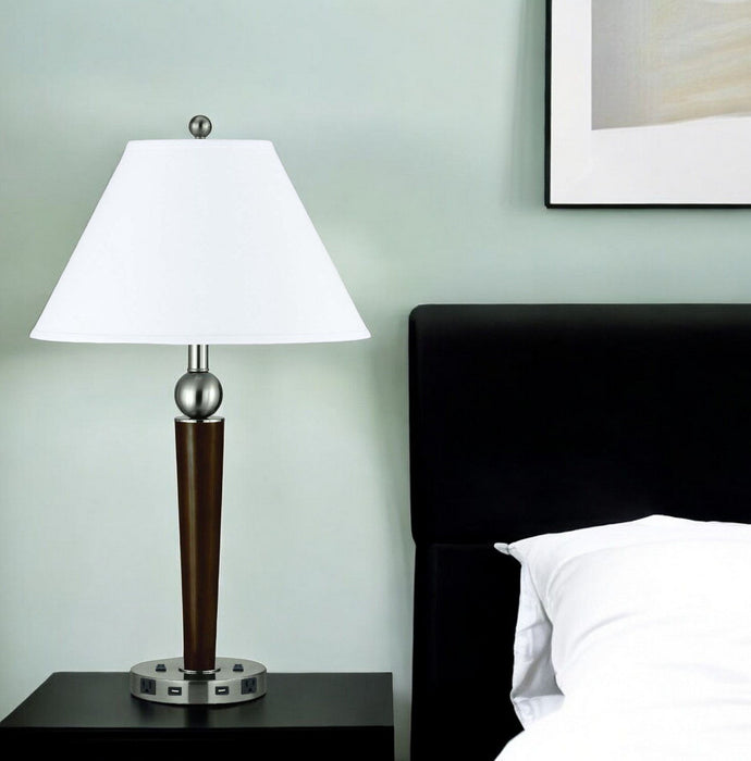 Metal Two Light Geometric USB Table Lamp With White Empire Shade - Nickel