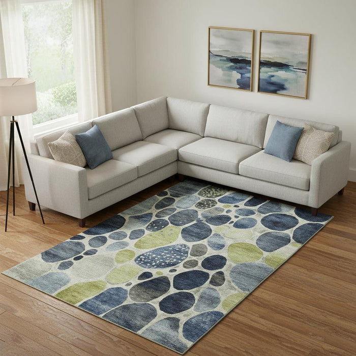10' X 14' Geometric Washable Area Rug With UV Protection (710364) - Denim Blue / Lime Green / Ivory