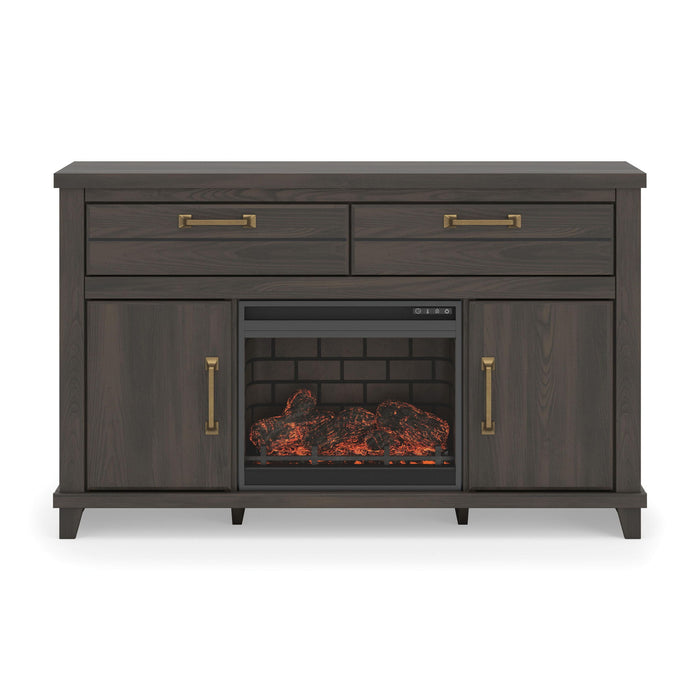 Signature Design by Ashley Brazen Valley TV stand with fireplace insert, wooden finish, and storage cabinets.
