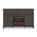Signature Design by Ashley Brazen Valley TV stand with fireplace insert, wooden finish, and storage cabinets.