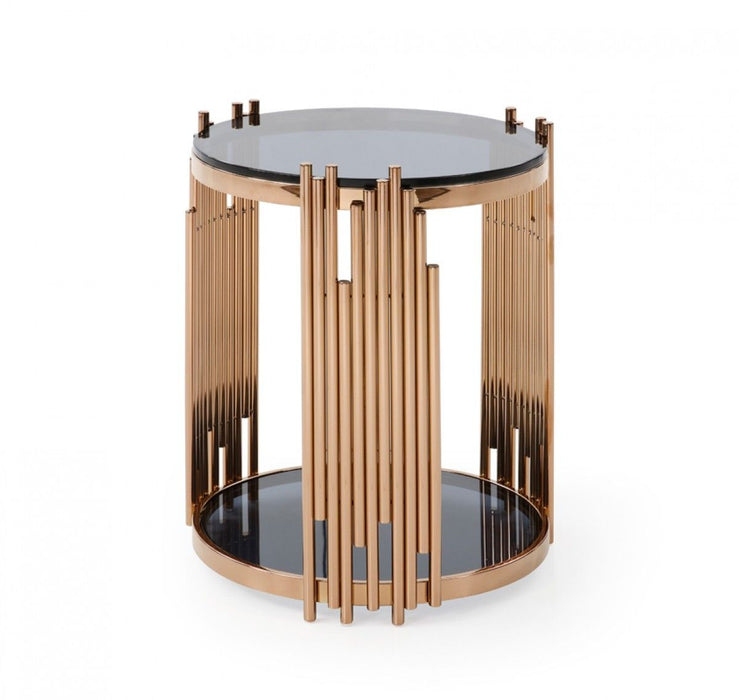 Round glass and stainless steel end table with black shelf and rose gold finish, modern HomeRoots end table design.