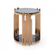 Round glass and stainless steel end table with black shelf and rose gold finish, modern HomeRoots end table design.