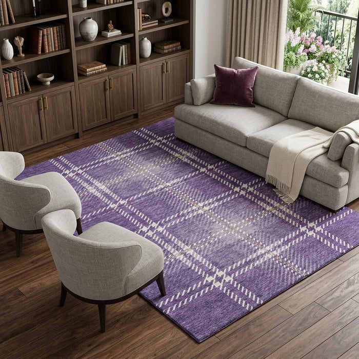 10' X 14' Plaid Washable Area Rug With UV Protection (674341) - Purple / Ivory / Gold