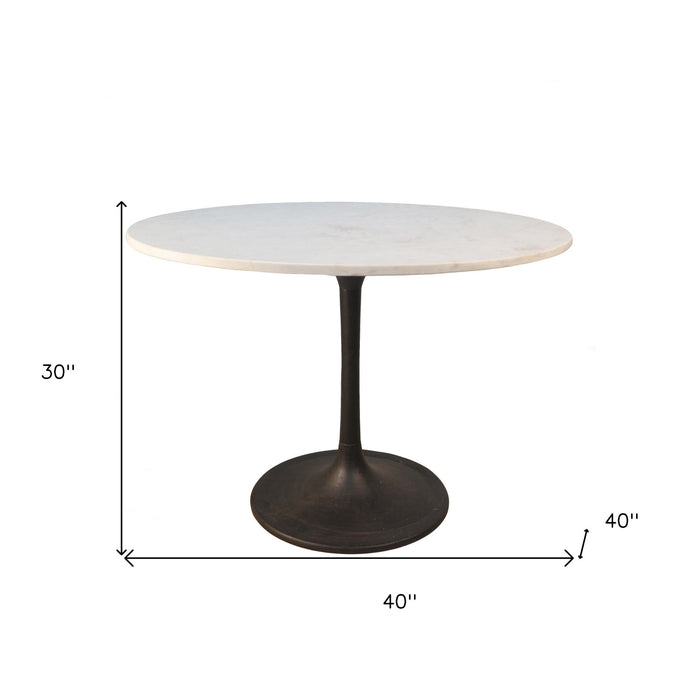 40" Rounded Marble And Iron Pedestal Base Dining Room Table - White