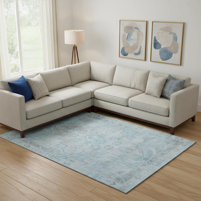 10' X 14' Medallion Washable Area Rug With UV Protection (708079) - Sky Blue / Gray