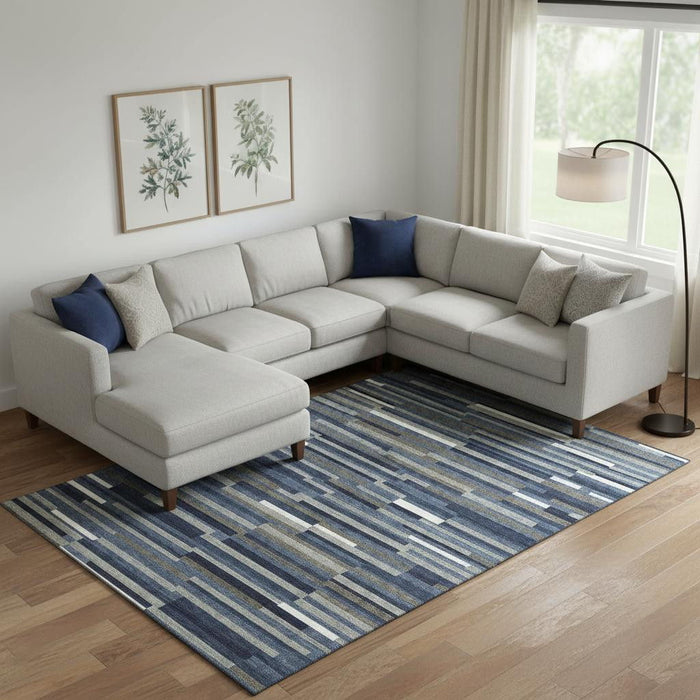 10' X 14' Striped Washable Area Rug With UV Protection (671072) - Navy Blue / Ivory / Gray