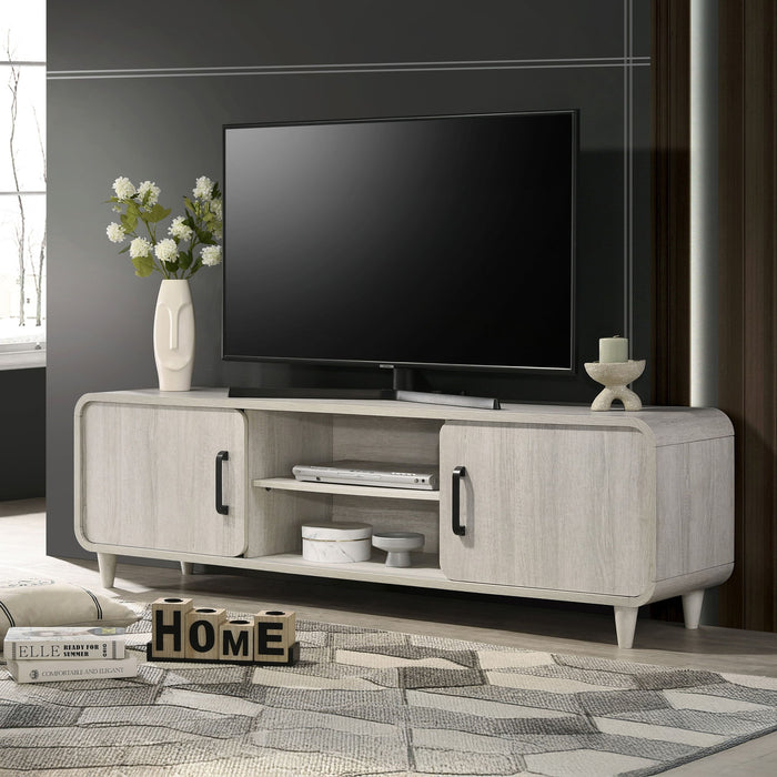 Giga antique white TV stand with sliding doors and handles, modern living room furniture with sleek design and storage.