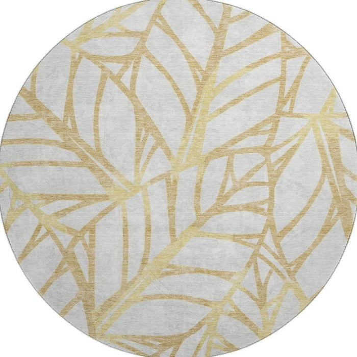 8' Floral Washable Round Rug With UV Protection - Gold / Beige