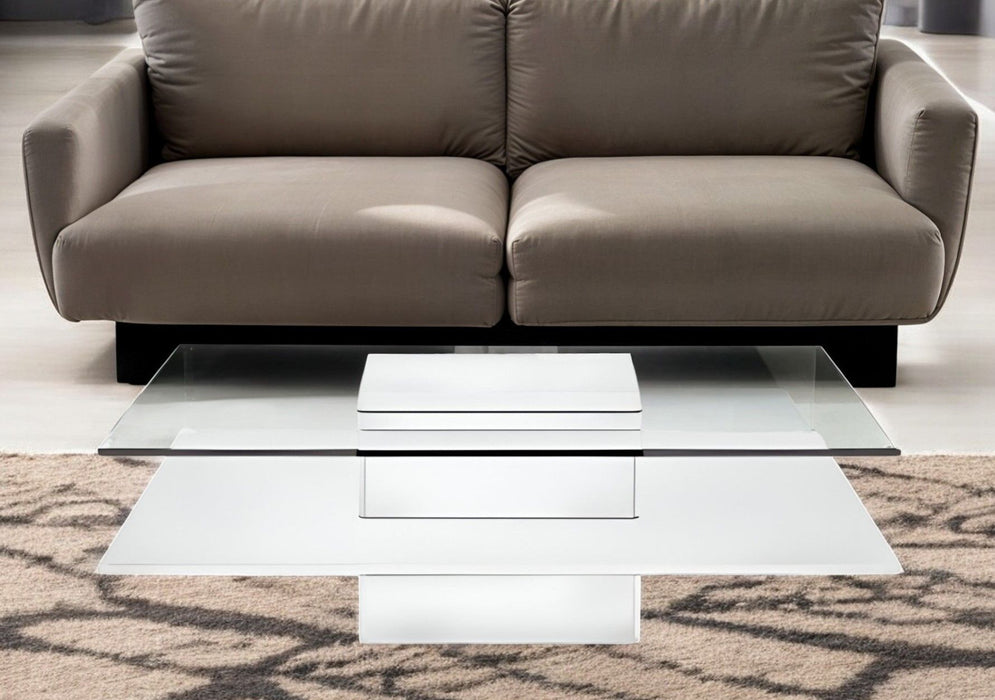 Glass Square Coffee Table With Shelf - White And Clear