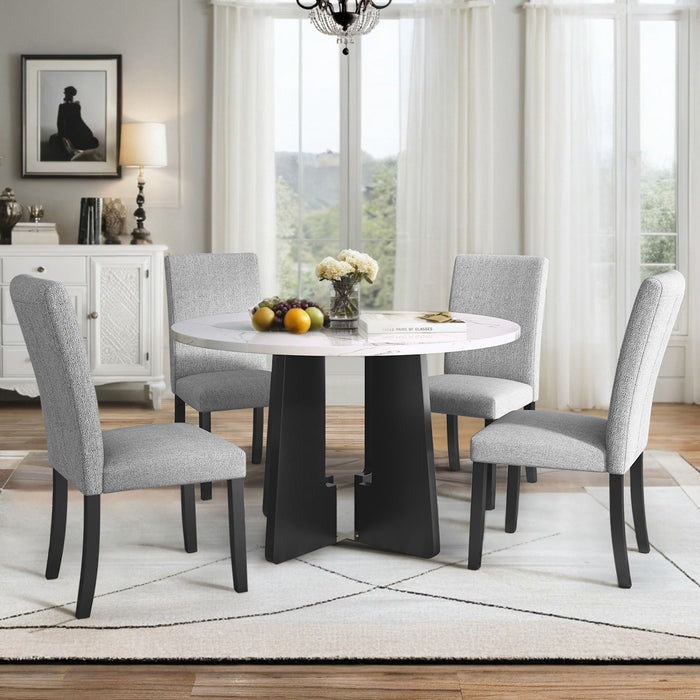 Giga 5-piece round dining table set with white table and four upholstered gray chairs, ideal for dining, kitchen, or living room.