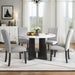 Giga 5-piece round dining table set with white table and four upholstered gray chairs, ideal for dining, kitchen, or living room.