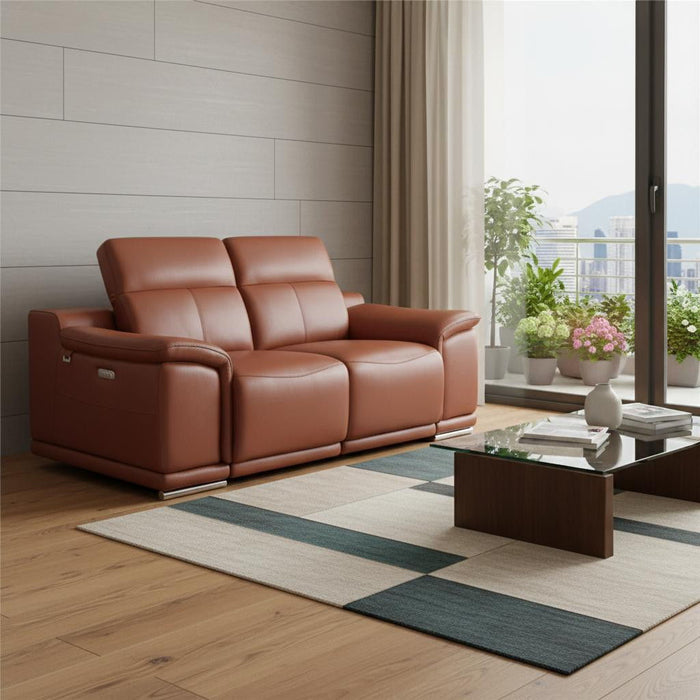 Italian Leather Power Reclining Love Seat - Camel / Silver