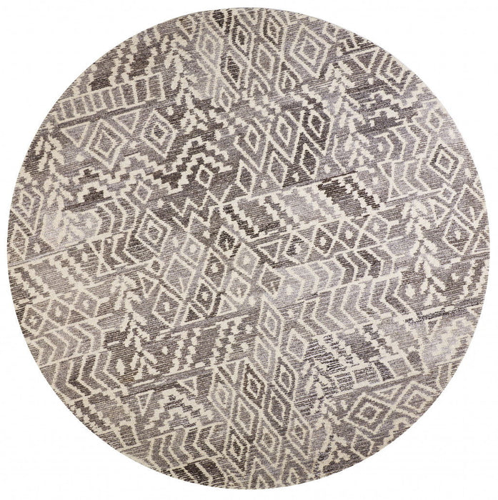 8' Round Wool Abstract Hand Tufted Area Rug - Gray And White