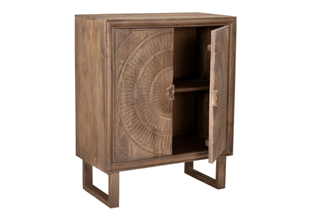 Solid Wood Two Door Floral Carved Accent Cabinet - Distressed Brown