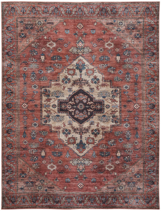 9' X 12' Medallion Distressed Washable Area Rug - Red And Ivory