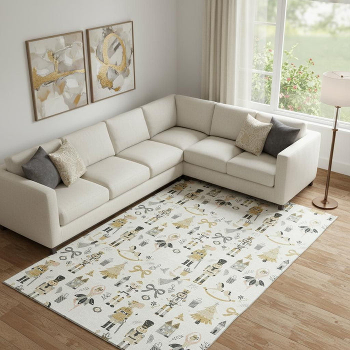 10' X 14' Floral Washable Area Rug With UV Protection (702455) - Ivory / Gold / Gray