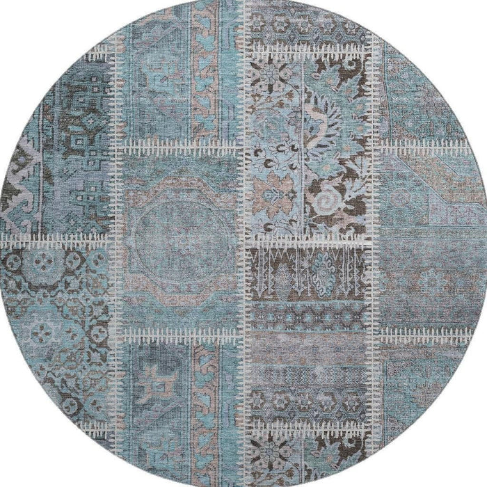 8' Patchwork Washable Round Rug With UV Protection (653257) - Teal / Beige