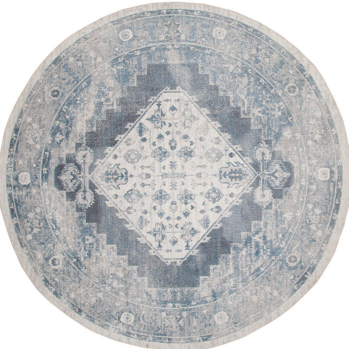 4' Oriental Distressed Round Rug (573775) - Charcoal / Blue / Ivory