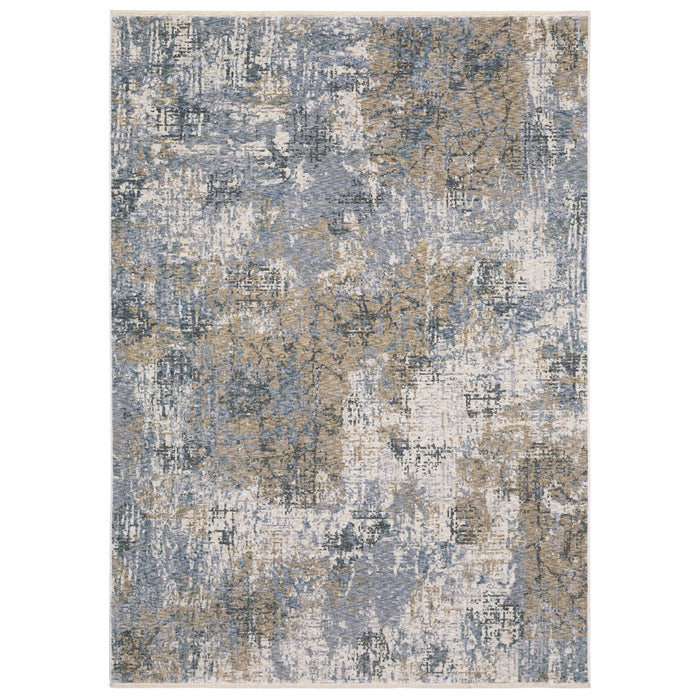 7' X 10' Abstract Distressed Area Rug With Fringe - Beige And Blue
