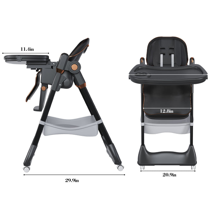 Giga adjustable baby high chair with safety belt, portable infant feeding seat, arm chair design, silent lockable wheels.