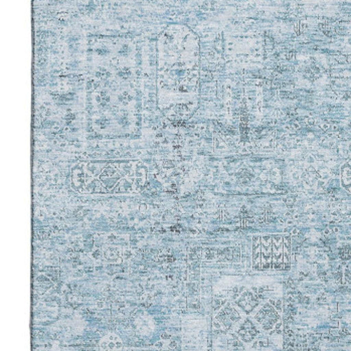 9' X 12' Floral Washable Area Rug With UV Protection (651207) - Sky Blue / Ivory
