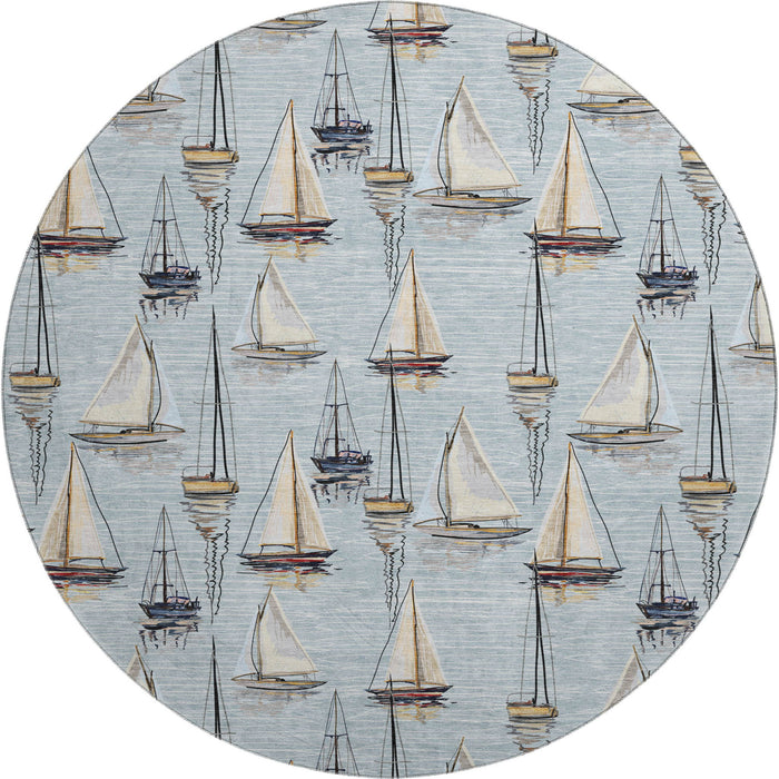 8' Nautical Washable Round Rug With UV Protection - Sky Blue