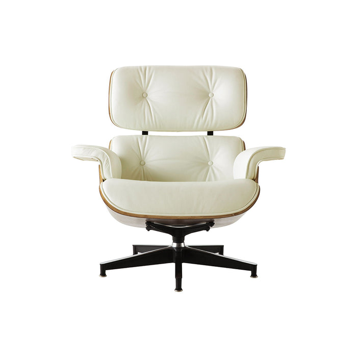 Beige and dark brown genuine leather tufted swivel lounge chair with matching ottoman by HomeRoots, stationary design with plush cushions.