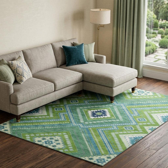 10' X 14' Tribal Washable Area Rug With UV Protection (679294) - Lime Green / Teal / Ivory