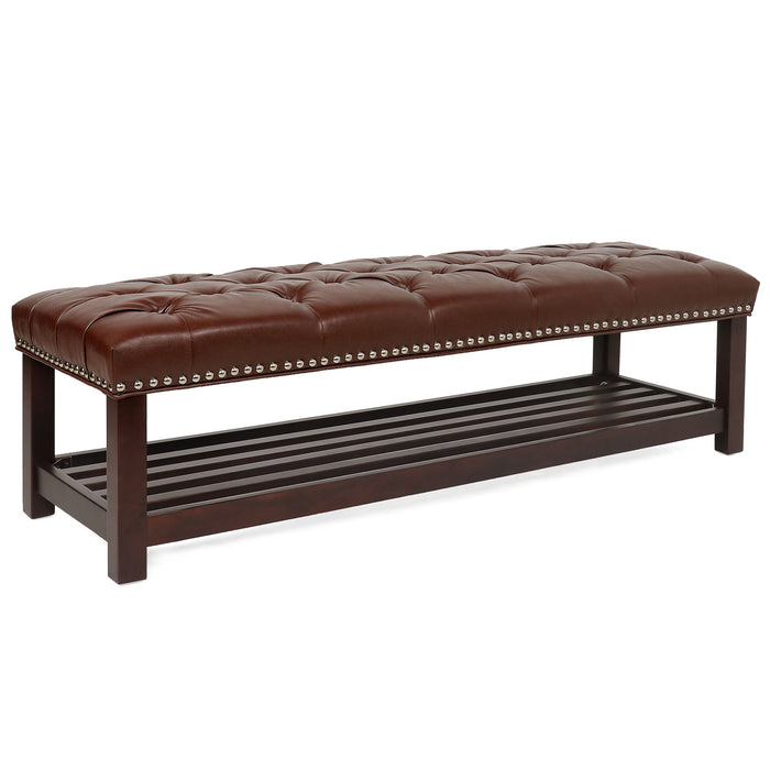 Giga upholstered bedroom end of bed bench with tufted design, nailhead trim, shelf, and shoe rack, suitable for living room or entrance.