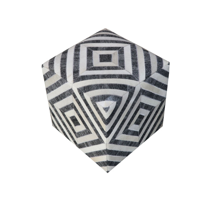 Hair on Hide Cube Geometric Pouf Ottoman - Dark Gray And Ivory